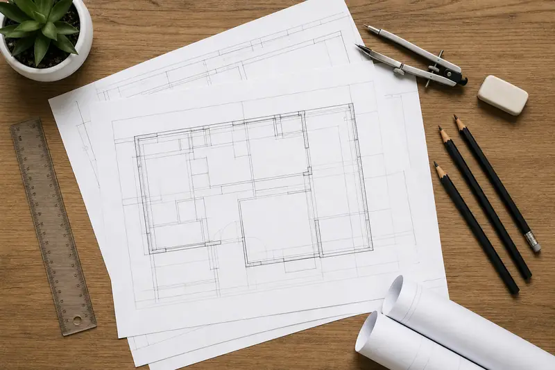 Architectural blueprints and drafting tools