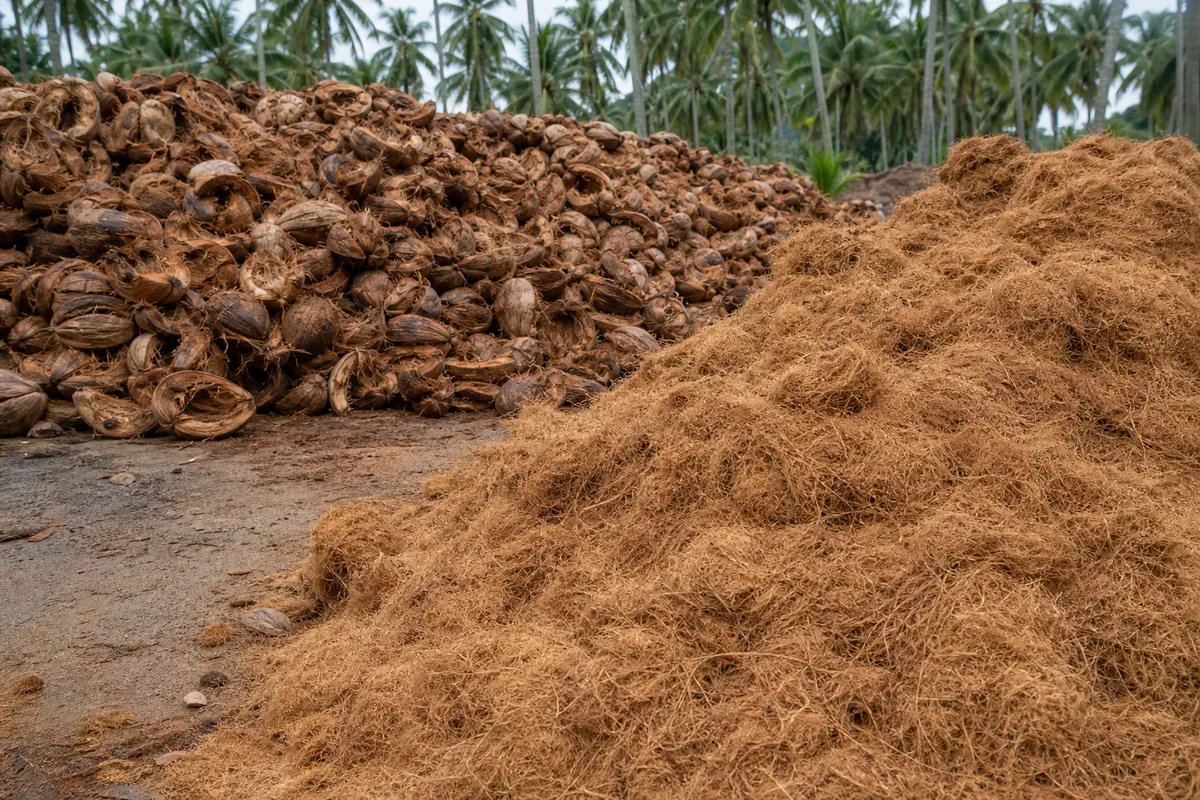 Coconut husks and coir raw materials